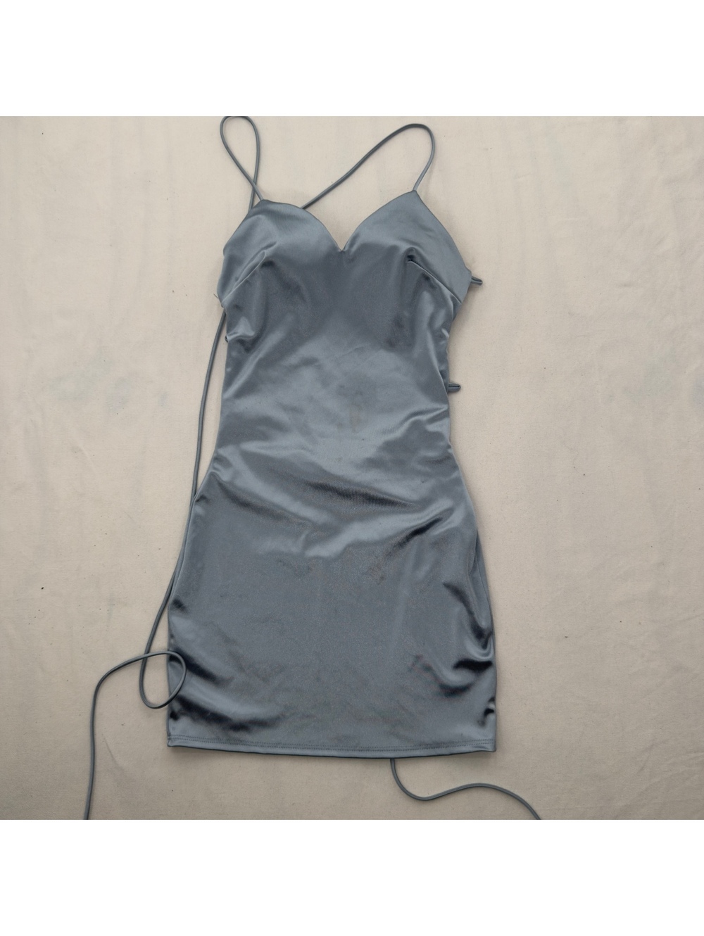 Vintage Cristina steel blue satin mini dress lace up back built in bra